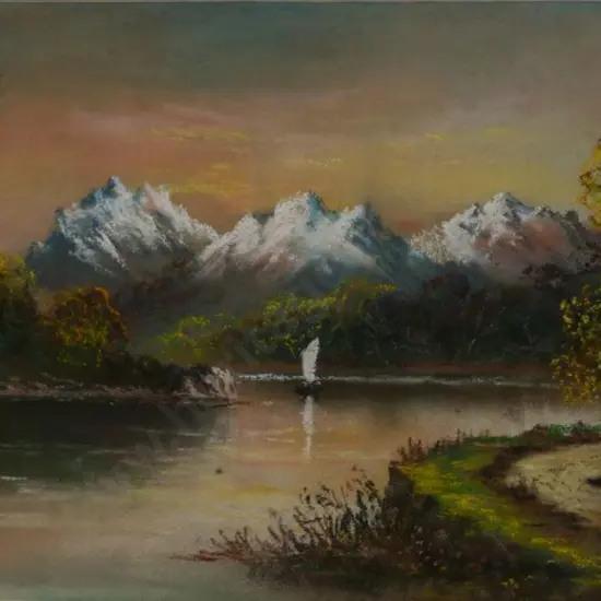 HOLLOBON, Jesse (1860-1945) - Southern Alps with Small Boat on Lake