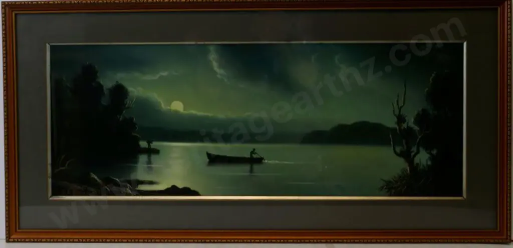 BOND, J. A. (Active 1898-1911) - Moonlit Night with Boat on Lake Image 1++