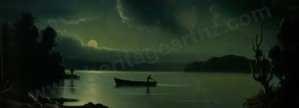 BOND, J. A. (Active 1898-1911) - Moonlit Night with Boat on Lake Image 1++