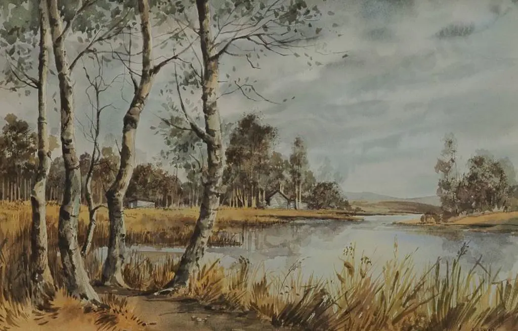 PROUT, Anthony A. (1946-) - Silver Birch Trees by Lake Image 1++