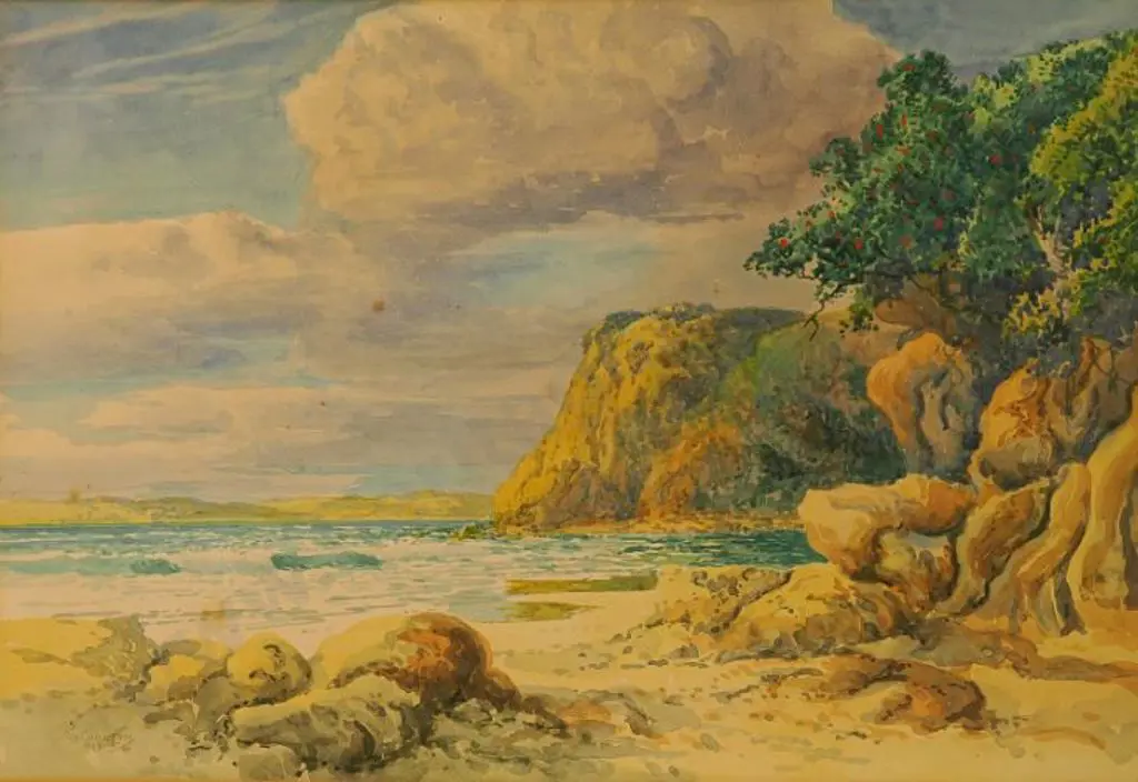 CARLTON, Rix (1890-1962) - Beach with Pohutukawa Tree, 1948 Image 1++