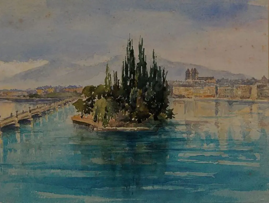 UNKNOWN Artist - Small Tree Studded Island in River with Bridge Image 1++