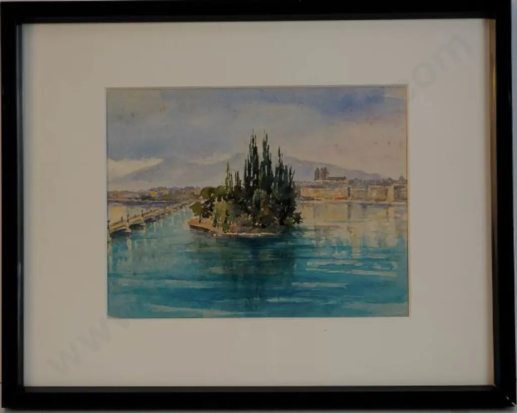 UNKNOWN Artist - Small Tree Studded Island in River with Bridge Image 1++