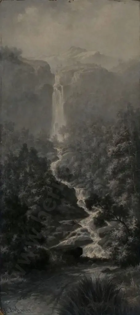DELAWARR, Val (1852-1918) - Gushing Waterfall in Stream Image 1++