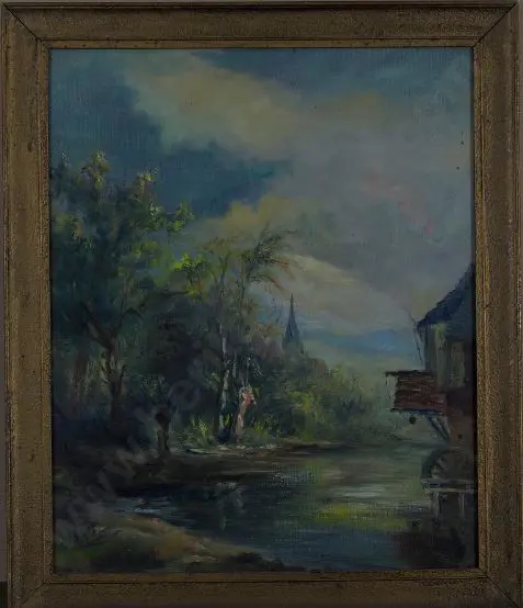 RYN, L.K. (19th Cent.) - Watermill on River outside Town Image 1++