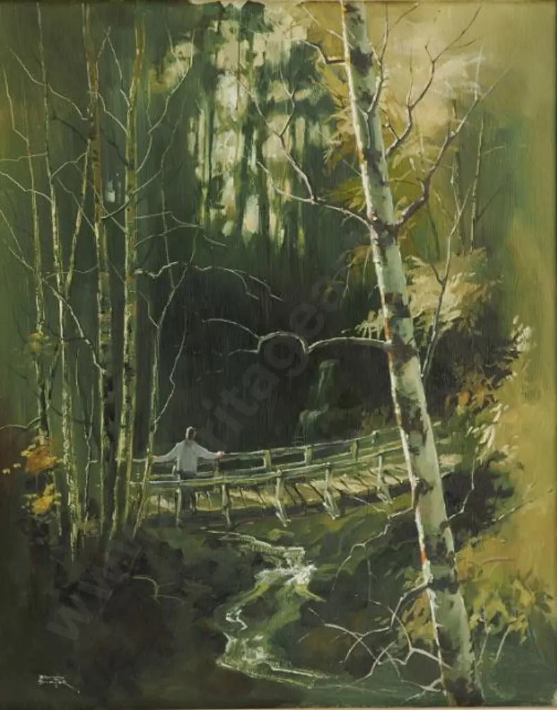 BAXTER, Brian (1940-) - Man on Bridge overlooking Stream Image 1++