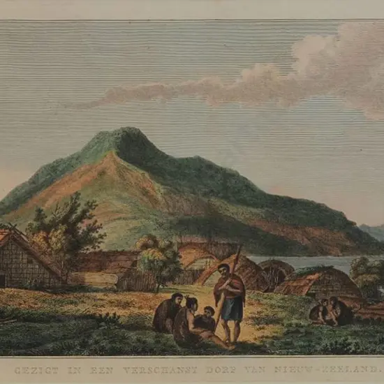 PARKINSON, Sydney (1745-1771) - Gezigt in Een Verschanast Dorp Van Nieuw-Zeeland (View of a Village Fortress in New Zealand - Cook's Voyages)