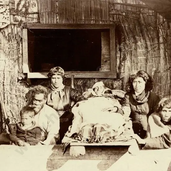 UNKNOWN - Maori Family with  Deceased Family Member Outside Whare - Late 19th Century
