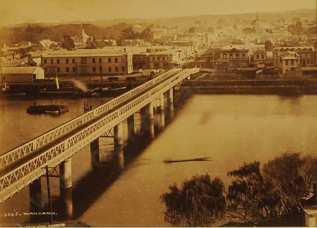 BURTON BROS - Dunedin (1870s-1890s) - Wanganui. Old Town Bridge and River, c. 1880 Image 1++