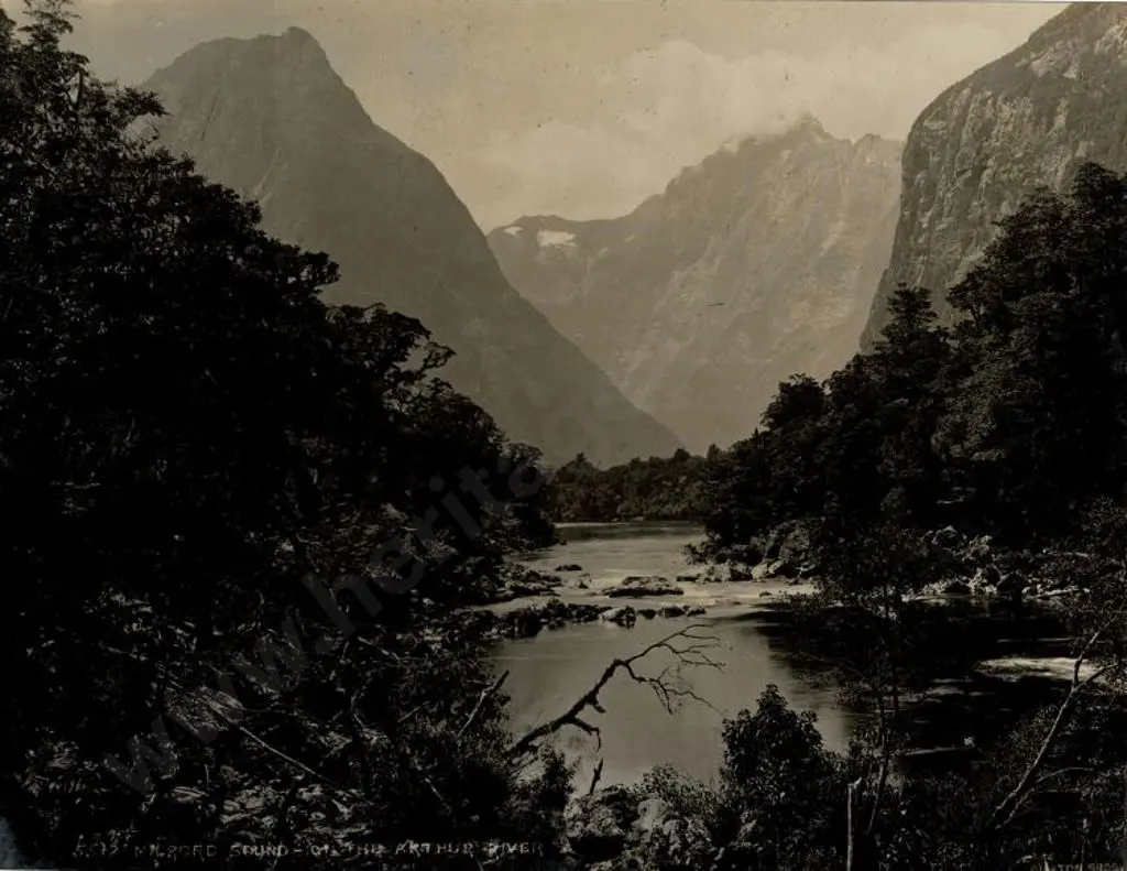 BURTON BROS - Dunedin (1870s-1890s) - Milford Sound from the Arthur River, c.1897 Image 1++