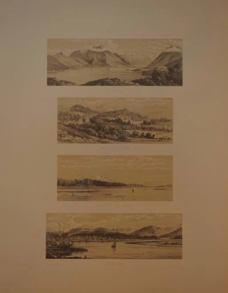 BARRAUD, Charles Decimus (1822-1897) - Lake Coleridge, Cheviot Hills Station, Mount Cook from Hokitika, The Hokitika River - 4 Scenes from New Zealand Graphic & Descriptive (1877) Image 1++