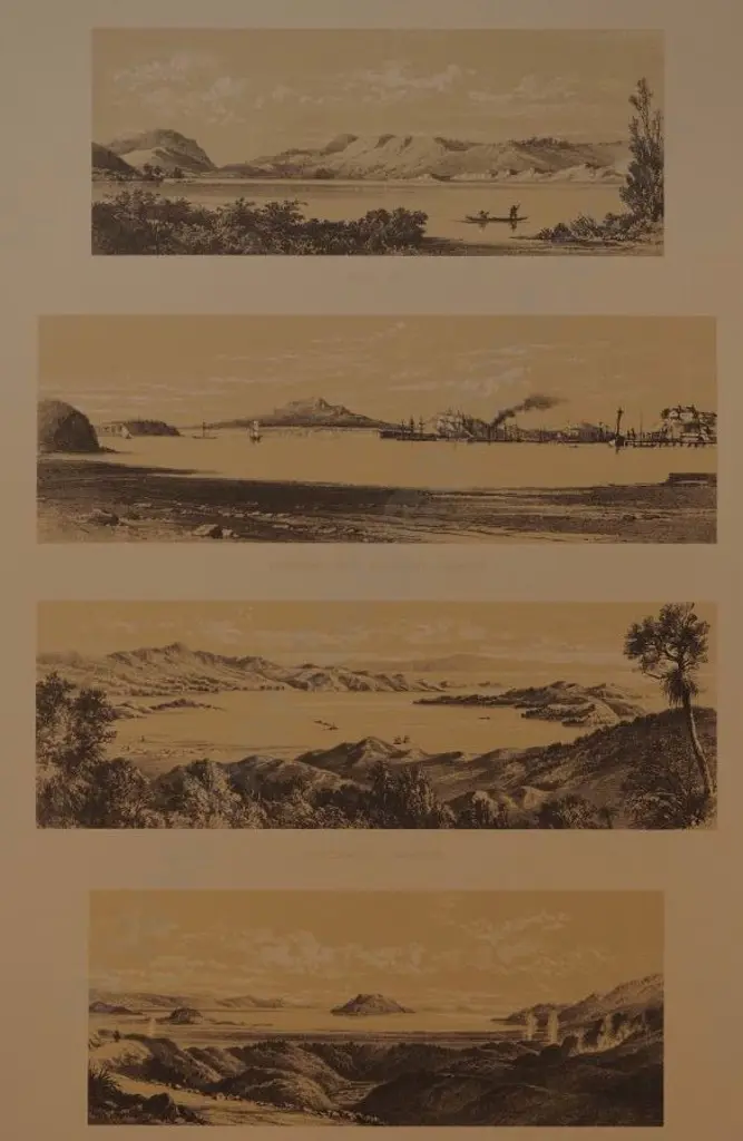 BARRAUD, Charles Decimus (1822-1897) - Roto Iti, Freeman's Bay Auckland Harbour, Coromandel Harbour, Rotorua - 4 Scenes from New Zealand Graphic & Descriptive (1877) Image 1++