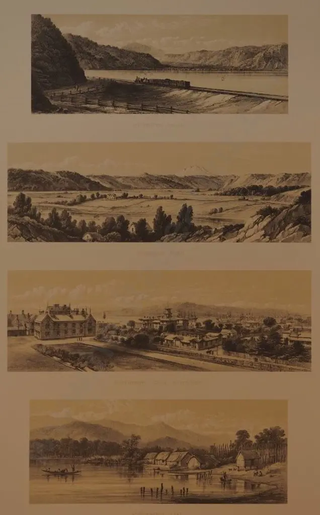 BARRAUD, Charles Decimus (1822-1897) - Wellington Railway, Whanganui River, Government House Wellington, Horowhenua Lake - 4 Scenes from New Zealand Graphic & Descriptive (1877) Image 1++