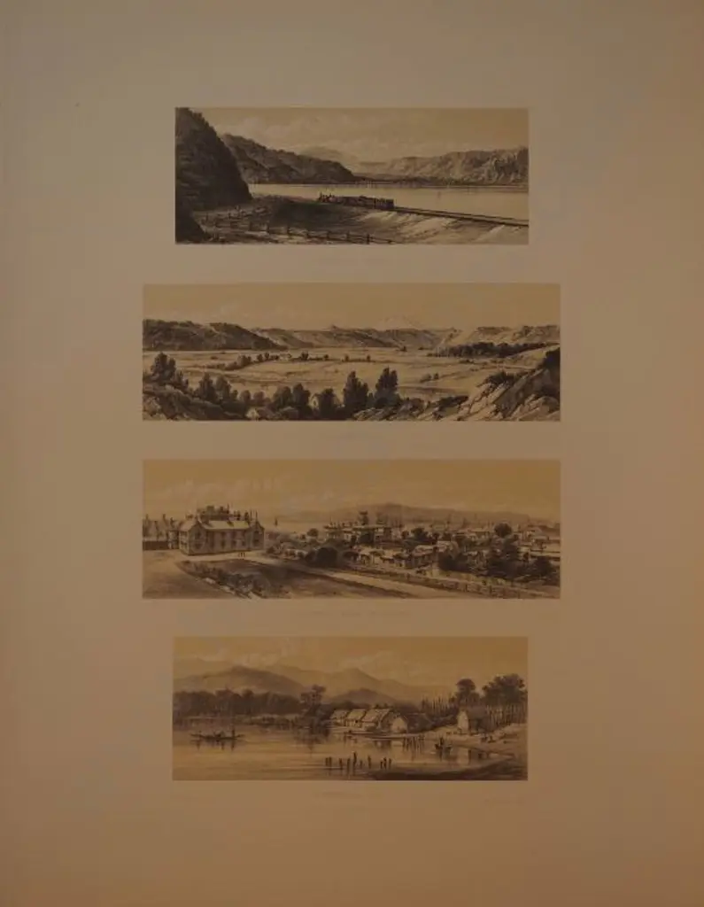 BARRAUD, Charles Decimus (1822-1897) - Wellington Railway, Whanganui River, Government House Wellington, Horowhenua Lake - 4 Scenes from New Zealand Graphic & Descriptive (1877) Image 1++