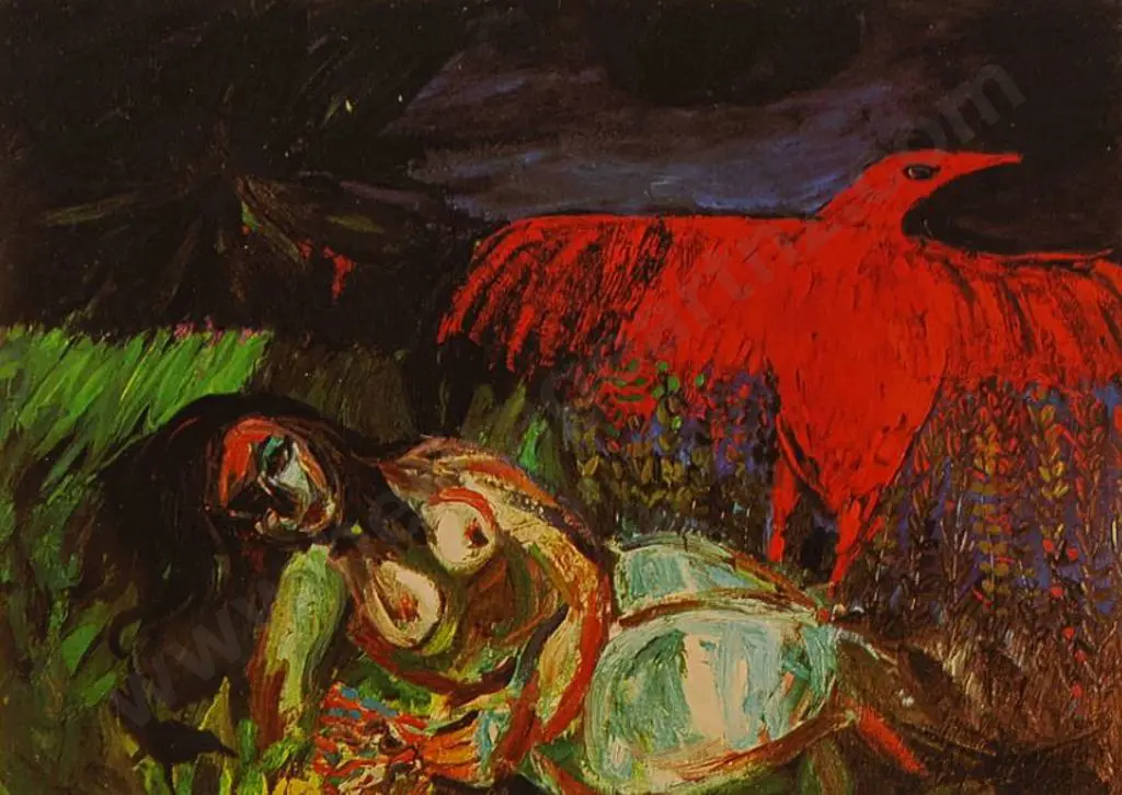 ALBRECHT, Gretchen (1941-) - Woman, Red Bird, Night Image 1++