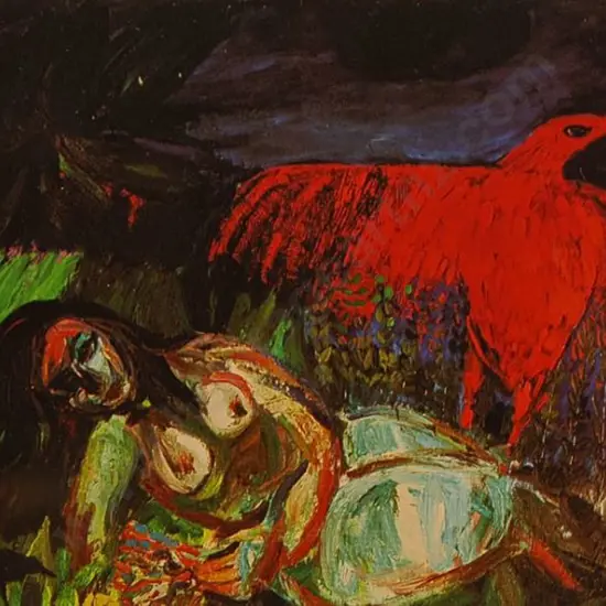 ALBRECHT, Gretchen (1941-) - Woman, Red Bird, Night