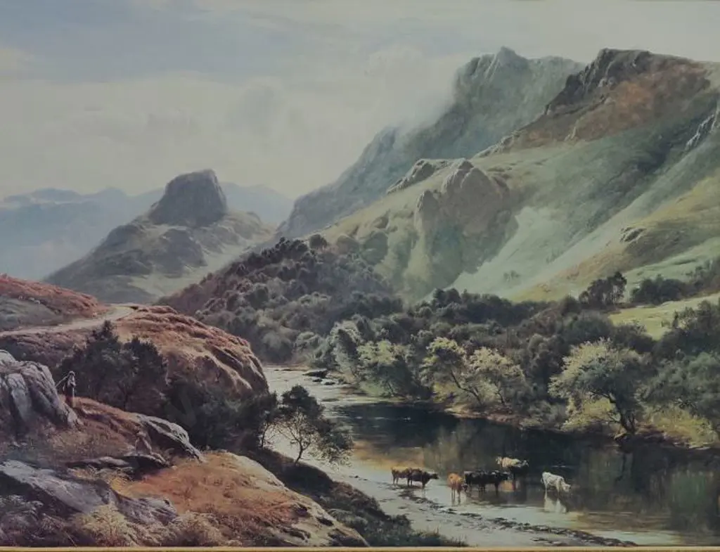 UNKNOWN artist - Hills & River with Cattle Image 1++