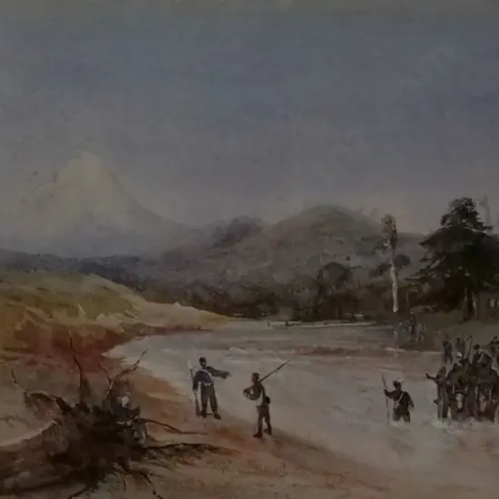 WILLIAMS, E.A. (1824-1898) - Bullock Drays Crossing River Below Mount Egmont 1865